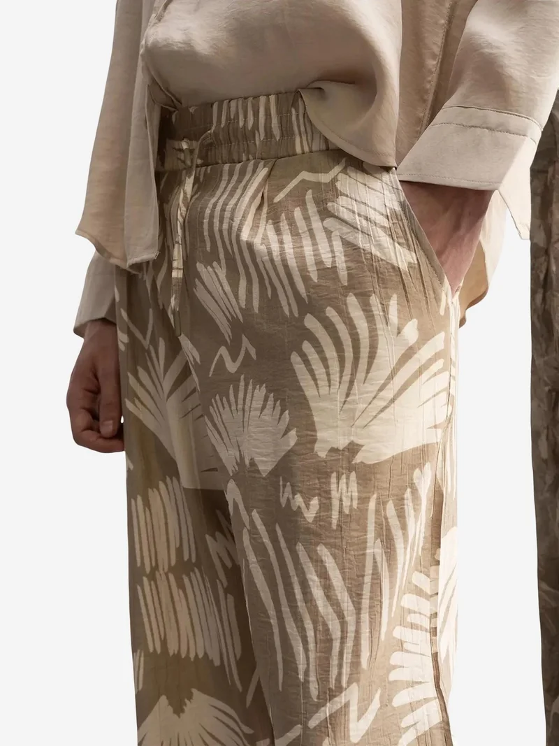 Giesto Beige Natural GIESTO Relaxed Fit Wide Leg Patterned Pants with Drawstring Waist for Men | Best Price UAE